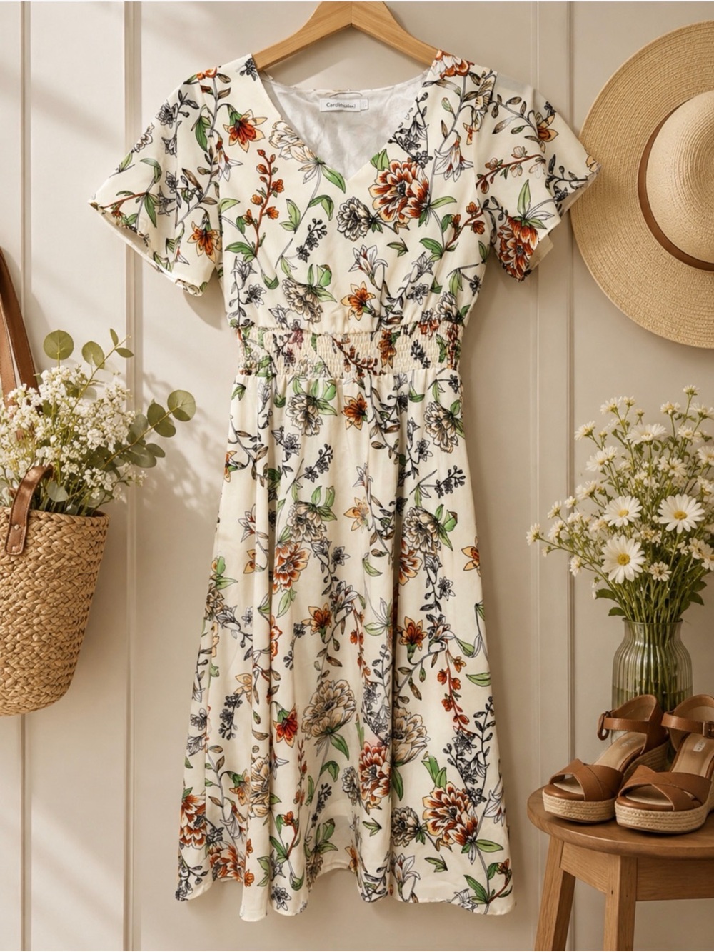 Gardenwed Floral Wedding Guest‎ Dress Size M Boho Smocked Waist V-Neck
